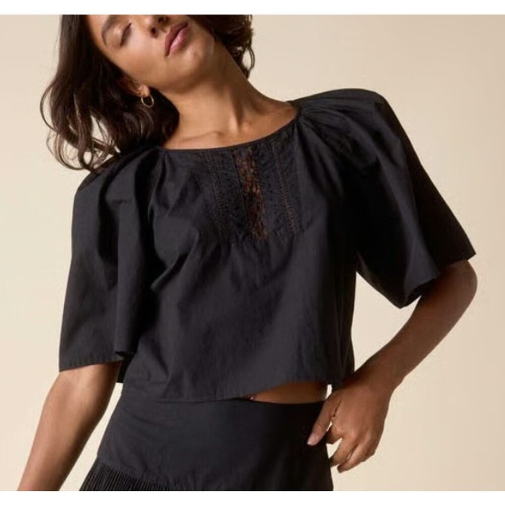 St. Roche Womens Short Sleeve Crop Black Top w/ Embroidered Detail, Size 10, NWT